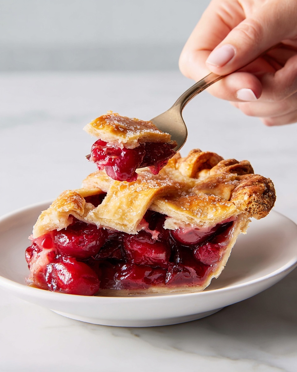 A slice of fruit pie sits on a white plate with a white marbled background. The pie has three main layers: the bottom layer is a light golden-brown crust with a slightly rough edge, the middle layer is filled with glossy, deep red fruit filling that looks juicy and slightly chunky, and the top layer is a golden, crumbly crust sprinkled with coarse sugar crystals. A silver fork held by a woman's hand lifts a piece of the pie, showing parts of all three layers, including bits of fruit, crust, and filling. Photo taken with an iphone --ar 4:5 --v 7