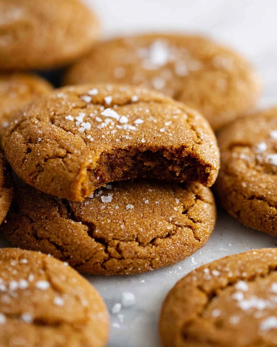 A white plate filled with nine golden brown cookies that have a slightly cracked top texture and a sprinkling of coarse white salt. Around the plate, there are whole cinnamon sticks and a small white bowl containing a light brown cinnamon sugar mix with two cinnamon sticks resting on it. There is also a tiny white bowl with ground cinnamon and a wooden spoon inside it. Green eucalyptus leaves are placed around the plate on a dark brown textured table with a white marbled background. photo taken with an iphone --ar 4:5 --v 7
