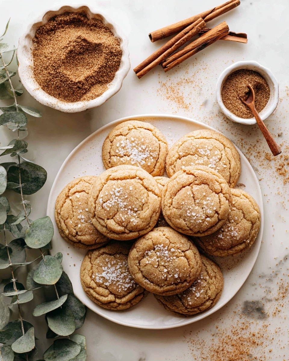The image shows a close-up of five round, brown cookies with a cracked surface, sprinkled with white salt flakes on top. One cookie is placed at the center with a small bite taken out from the edge, revealing a soft and slightly darker inside. The texture looks slightly crispy on the outside and tender inside. The cookies are stacked close and sit on a white marbled surface. Photo taken with an iphone --ar 4:5 --v 7