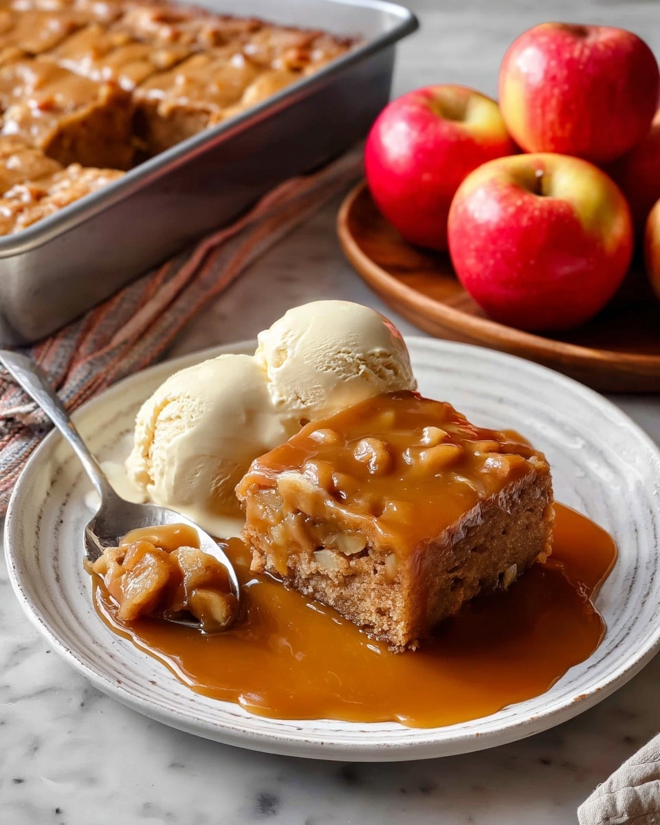 A serving of apple cake sits on a white plate with a wavy edge, featuring a soft, light brown cake layer filled with chunks of apple and a smooth, shiny, darker caramel-colored sauce layer on top. Two scoops of pale yellow vanilla ice cream rest beside the cake on the plate. A silver spoon with a bite of the cake and sauce lifts from the front edge of the cake. In the background, a larger pan filled with more square pieces of apple cake covered in the same shiny caramel sauce is visible, along with three red apples on a white marbled surface. The photo taken with an iphone --ar 4:5 --v 7