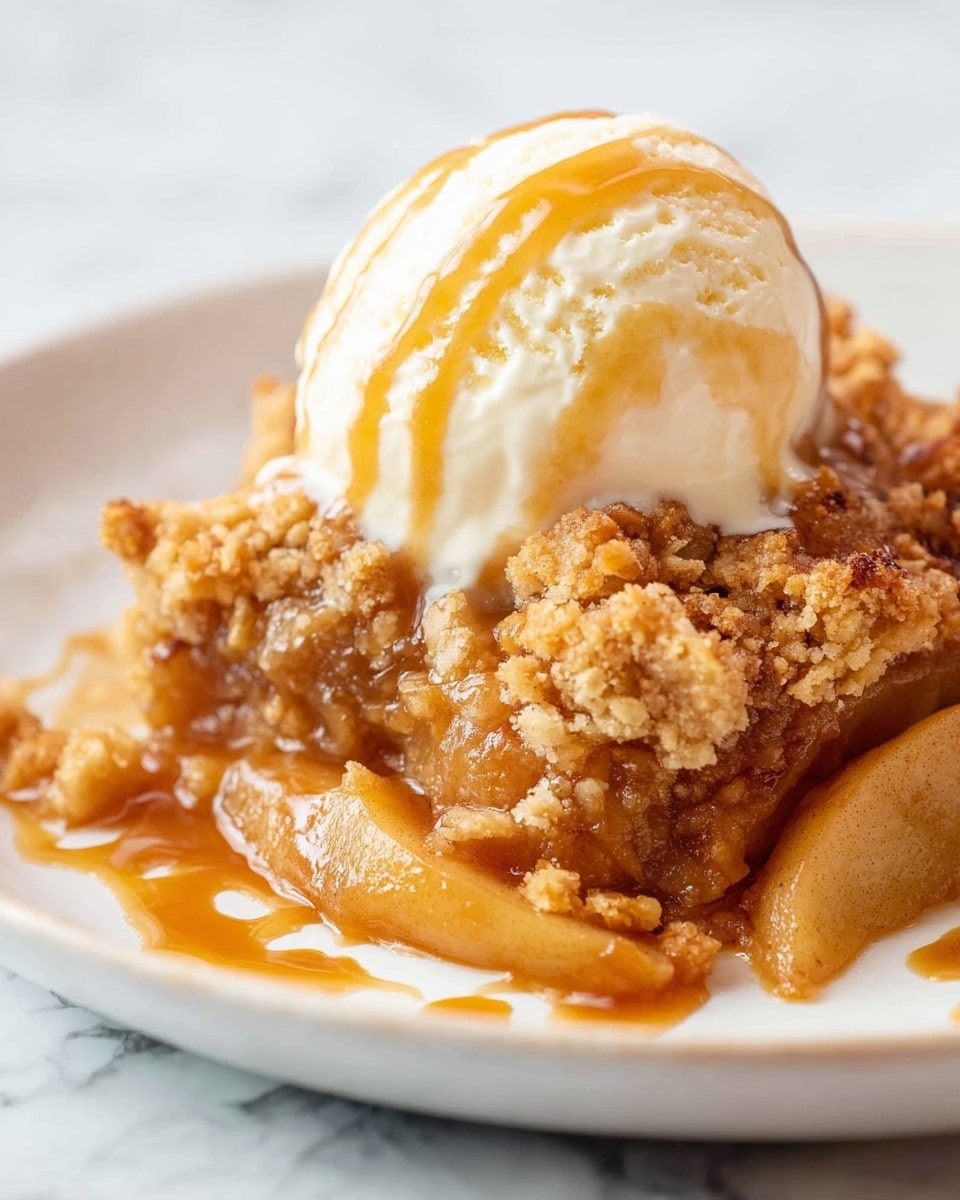 A white plate holds a warm apple crisp dessert with a golden brown crumbly topping layered over soft, caramel-colored cooked apple slices with visible cinnamon specks. Sitting on top is a single scoop of creamy vanilla ice cream, starting to melt and creating smooth white and light cream textures that blend into the warm dessert below. Caramel sauce is drizzled over both the ice cream and apple crisp, pooling slightly around the base on the plate. The scene rests on a white marbled surface with a soft focus silver spoon in the background. Photo taken with an iphone --ar 4:5 --v 7