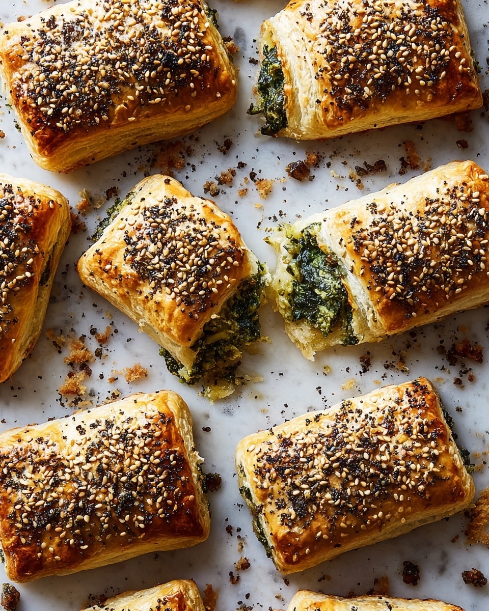 There are five golden brown pastries stacked on a white plate with a white marbled background. Each pastry has a crispy layered crust topped with a mix of sesame seeds, black seeds, and small brown bits creating a crunchy texture. The pastries are rectangular and filled with a green, leafy filling visible at the open ends. The surface of each pastry shows uneven flaky layers, and the green filling inside looks moist and finely chopped. The plate holds the pastries close together, showing the fluffy and rich texture of the filling inside photo taken with an iphone --ar 4:5 --v 7