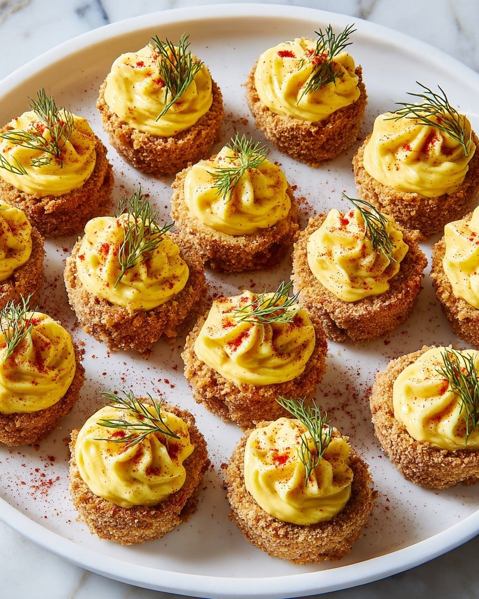 The image shows a white plate with a red rim filled with round appetizers arranged in rows. Each appetizer has two layers: a crumbly, light brown outer ring with a coarse texture, and a top layer of smooth, bright yellow piped cream in a decorative swirl. The yellow cream is dusted lightly with a reddish powder. On top of the cream, there is a small sprig of green herb, adding a fresh touch. The plate is placed on a white marbled surface. photo taken with an iphone --ar 4:5 --v 7