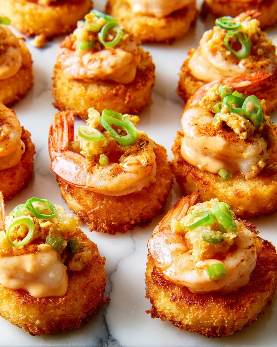 The dish shows three stacks on a white plate with a white marbled background. Each stack has a crispy golden brown fried base layer, topped with cooked shrimp that have an orange-pink color with some seasoning. On top of the shrimp is a creamy sauce with a light beige color dotted with reddish spices that flow down the sides. Small green onion pieces are scattered over and around the stacks, adding a fresh green color and texture contrast to the dish. Photo taken with an iphone --ar 4:5 --v 7