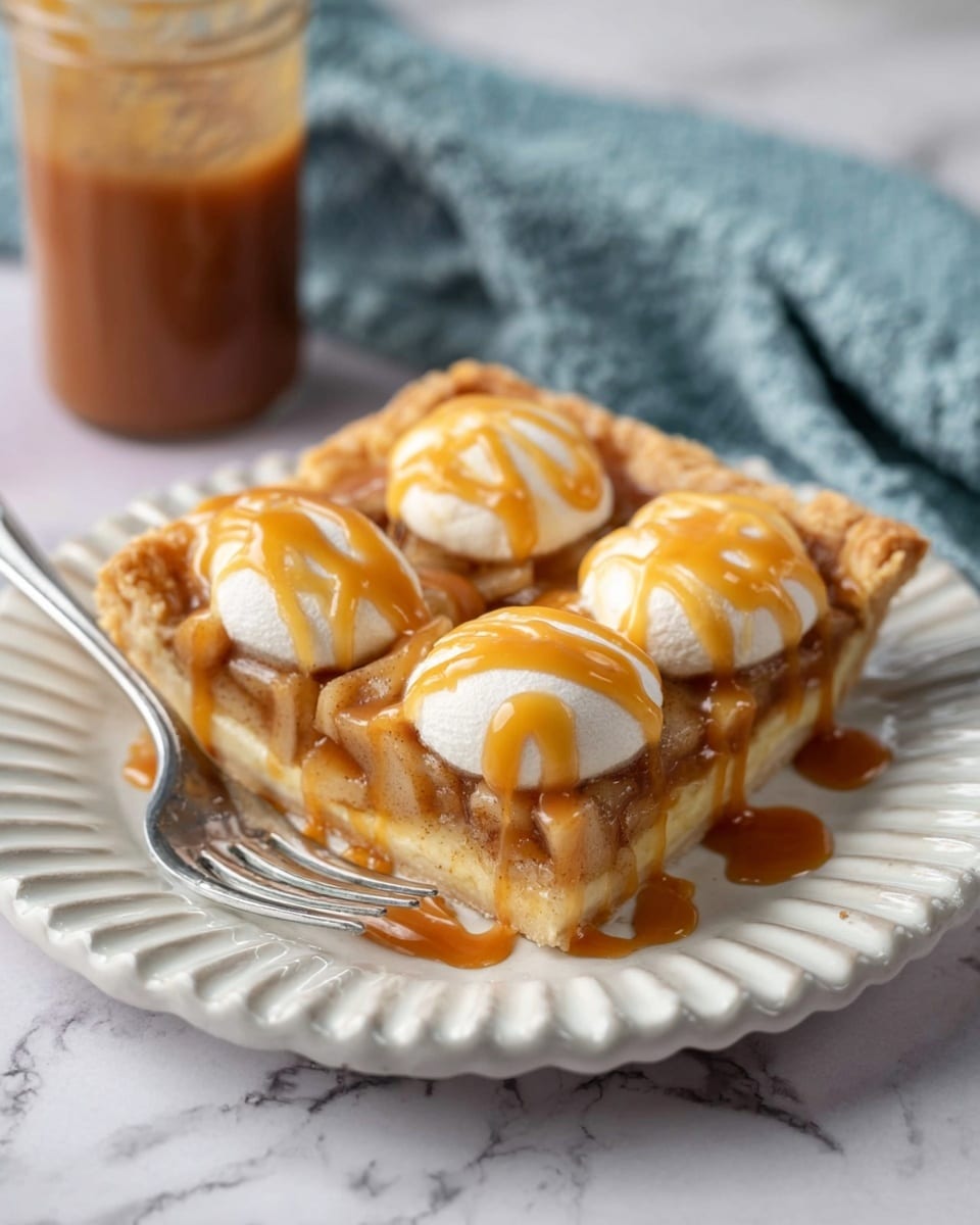 The image shows a rectangular apple pie in a dark baking tray on a white marbled surface. The pie has a golden-brown crust with wavy edges. Inside, there is a thick layer of caramelized apple slices with a glossy brown sauce. The top layer consists of many round, pale beige dough circles arranged evenly across the pie. These round dough pieces have a soft texture and are drizzled with a golden caramel sauce, adding a shiny finish. One piece of the pie is missing from the bottom right section, with a black pie server underneath, ready to remove another piece. A green apple and a part of a white plate are visible at the top of the image. photo taken with an iphone --ar 4:5 --v 7