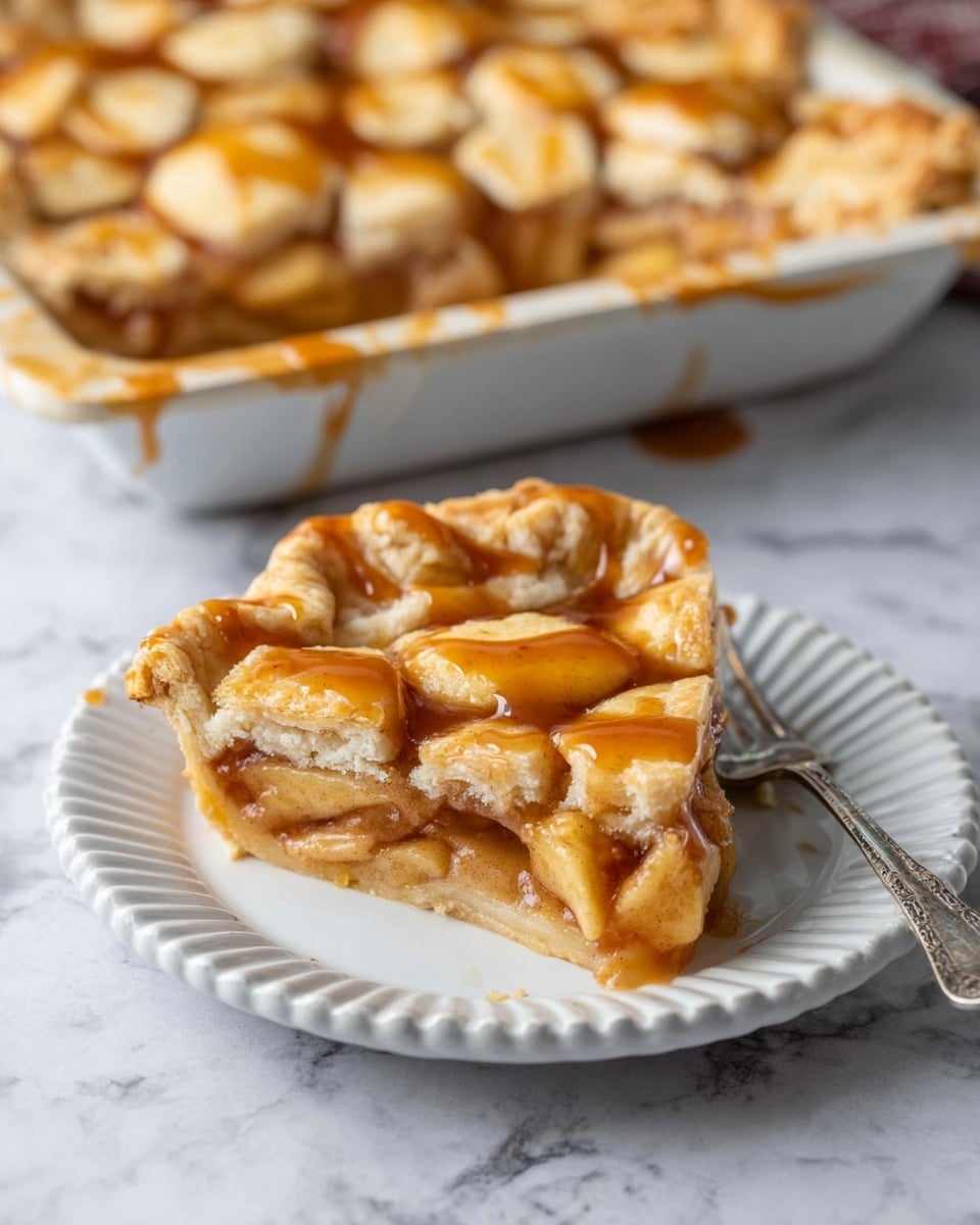 A square slice of apple pie rests on a white scalloped plate, showing three layers: a thick, golden-brown crust on the bottom, a middle layer of soft, caramelized apple filling in a light brown shade, and a top layer featuring three round pieces of light tan pastry dough with lines of shiny caramel sauce drizzled over them. The edges of the crust are crimped and golden, with caramel sauce pooling around the base. A silver fork is placed next to the pie on the plate, and the background is a white marbled surface with more pie in a dark baking tray blurred in the distance. Photo taken with an iphone --ar 4:5 --v 7
