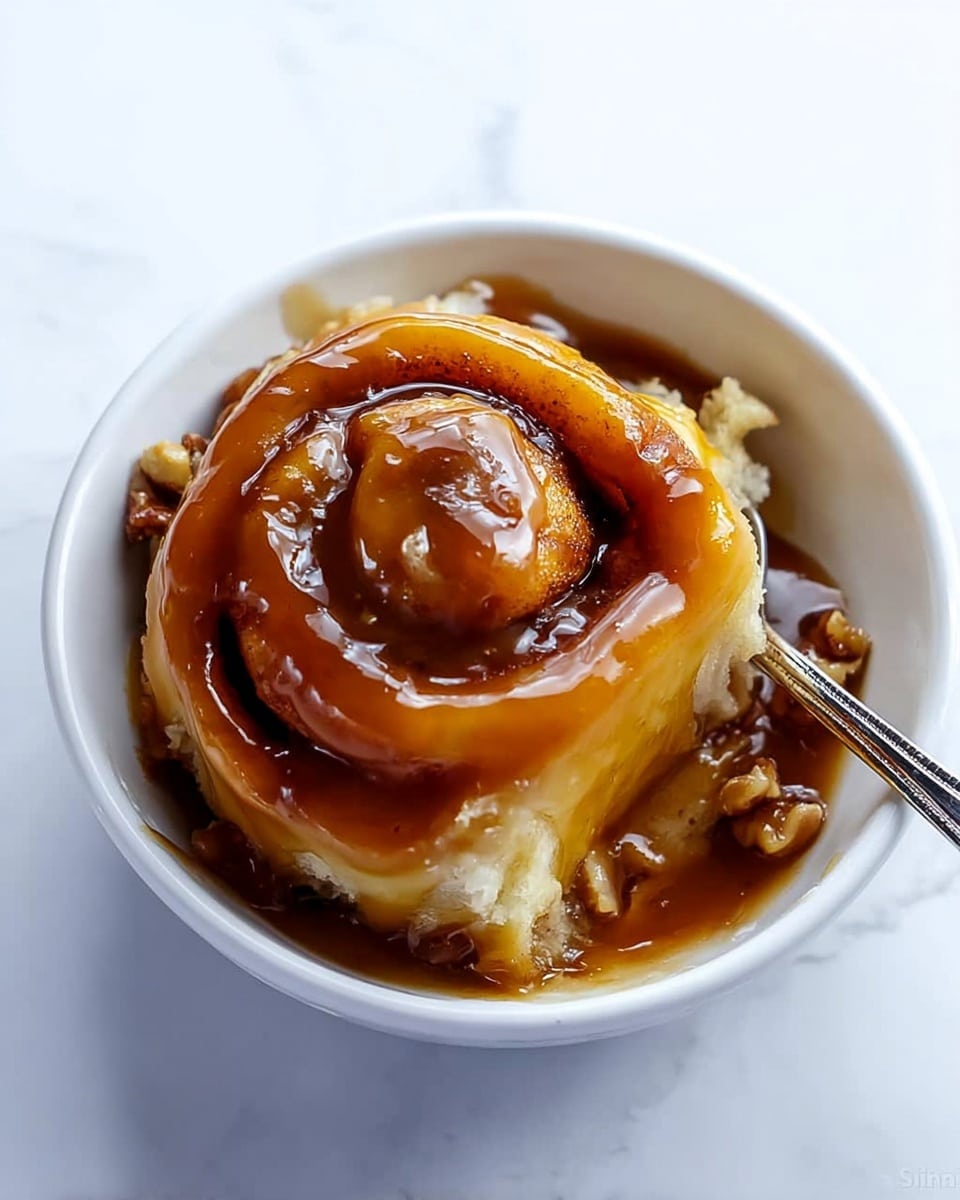 A single cinnamon roll sits in a white bowl on a white marbled surface, thickly covered in shiny golden caramel sauce that pools around and drips down its soft, fluffy layers. The cinnamon roll shows visible swirls of light brown dough with darker brown cinnamon filling, and pieces of pecans are visible under the caramel. A silver spoon rests on the edge of the bowl, slightly behind the cinnamon roll. Photo taken with an iphone --ar 4:5 --v 7