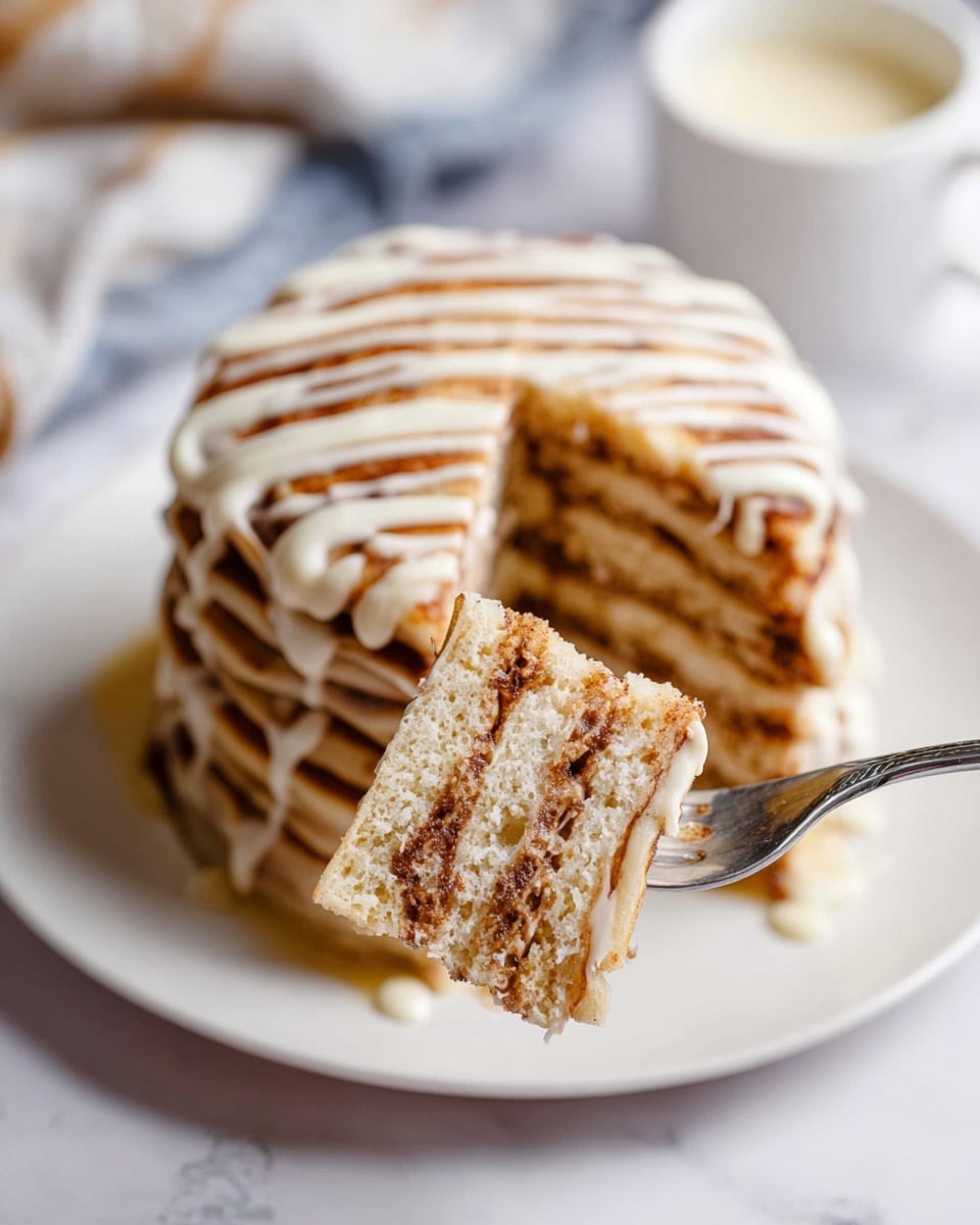 A stack of six light golden pancakes on a white plate, each pancake separated by a thin layer of brown cinnamon filling, creating visible stripes inside. The stack is topped and drizzled with white icing in thin lines that run across the pancakes. In the foreground, a silver fork holds a bite-sized piece showing the soft and fluffy texture of the pancake layers and cinnamon filling. The background shows another stack of pancakes slightly out of focus on a white plate, all set on a white marbled surface. Photo taken with an iphone --ar 4:5 --v 7