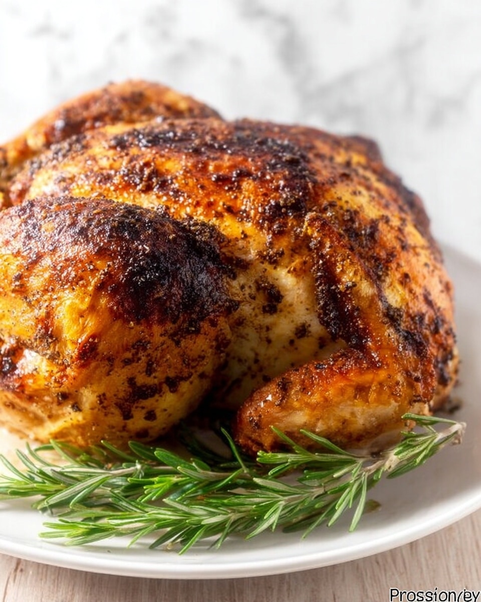A white plate holds a serving of golden brown roasted chicken sliced into 6 pieces, placed on the left side. The chicken has a shiny, slightly crispy skin with visible herbs inside the meat layers. On the right side of the plate, there is a dome-shaped mound of reddish-brown seasoned rice with a textured, slightly oily surface. The plate sits on a white marbled surface, with a blurred background showing another white plate with similar food and some green herbs. Photo taken with an iphone --ar 4:5 --v 7