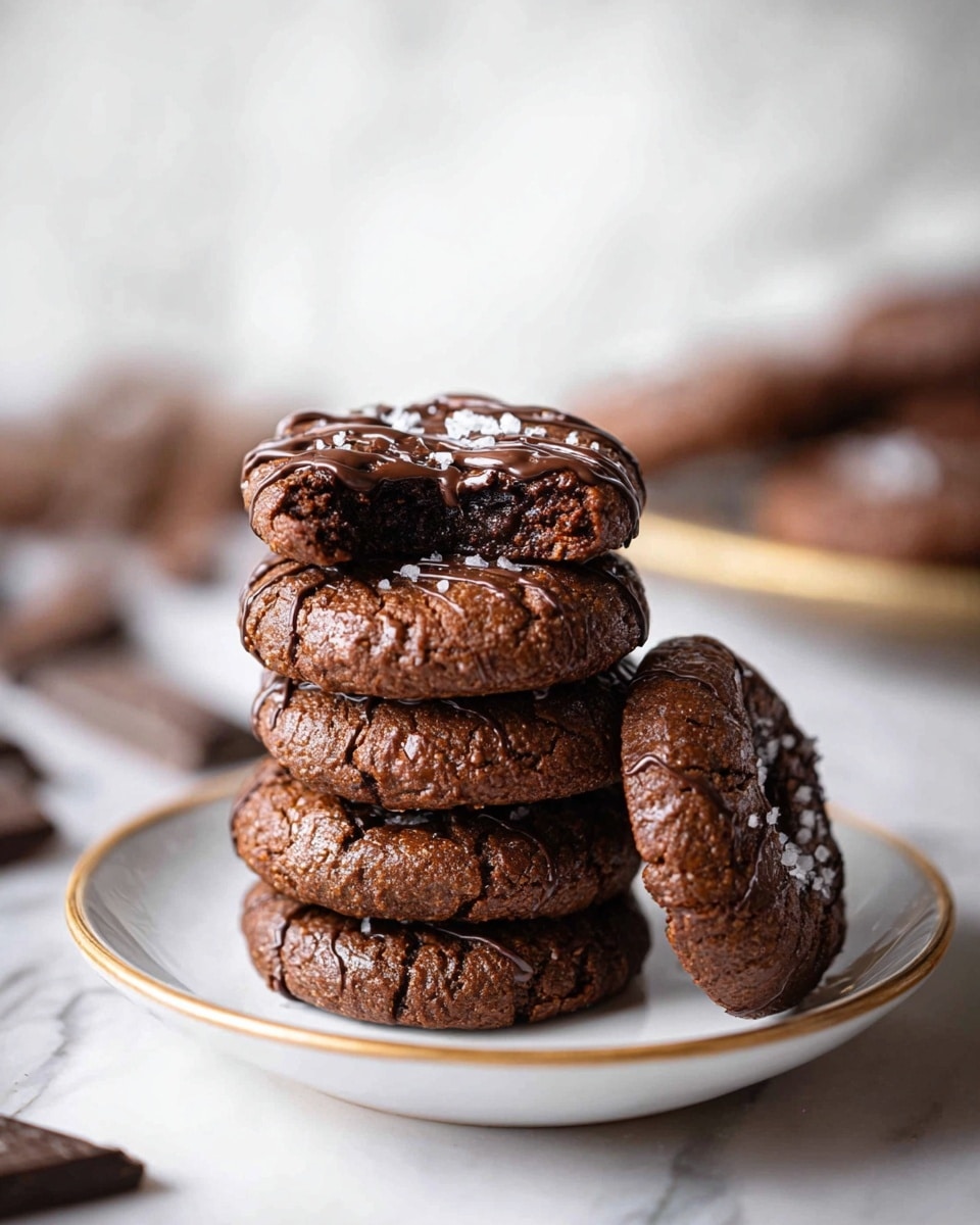 A stack of five thick, round chocolate cookies sits on a white plate with a thin gold rim, placed on a white marbled surface. The cookies are dark brown with shiny melted chocolate chunks on top, adding a textured glossy look. The top cookie has a bite taken out, showing a soft, fudgy inside. One more cookie leans against the stack on the right side, slightly tilted. In the background, blurred pieces of chocolate and more cookies are visible, creating a cozy and rich chocolate setting. Photo taken with an iphone --ar 4:5 --v 7