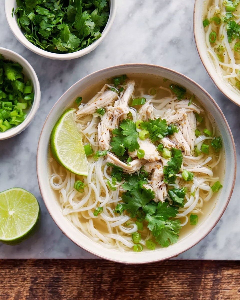 A white bowl filled with clear broth and white noodles sits on a white marbled surface. On top of the noodles are strips of cooked white meat, thinly sliced green onions, and fresh bright green cilantro leaves scattered evenly. Two light green lime wedges rest on the left side of the bowl, adding a fresh contrast. Around the bowl are small white bowls with green herbs and lime wedges, enhancing the fresh and vibrant look of the dish. Photo taken with an iphone --ar 4:5 --v 7