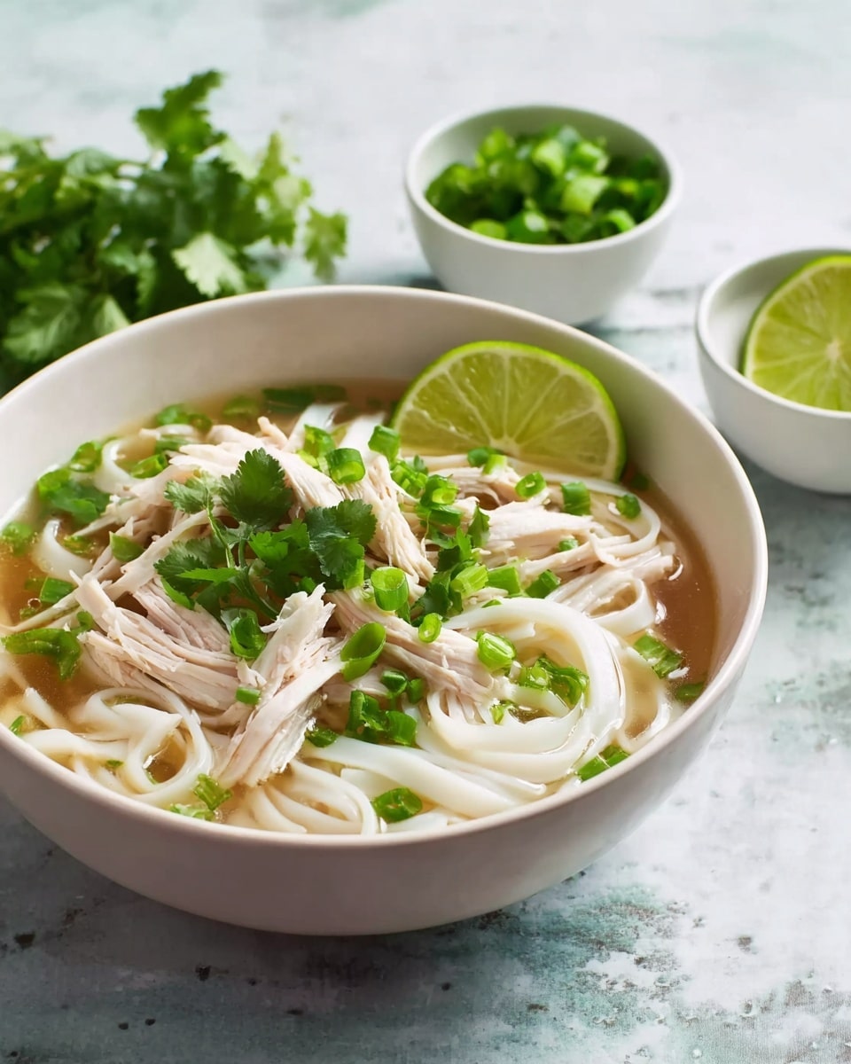 A white bowl filled with light brown broth, with white noodles submerged in it forming the bottom layer. On top are pieces of white cooked chicken arranged in a small pile, sprinkled with bright green sliced scallions and fresh cilantro leaves scattered around. A wedge of lime sits tucked on the side of the bowl. The bowl is placed on a white marbled surface with another similar bowl in the background and a small bowl of green herbs visible. Photo taken with an iphone --ar 4:5 --v 7