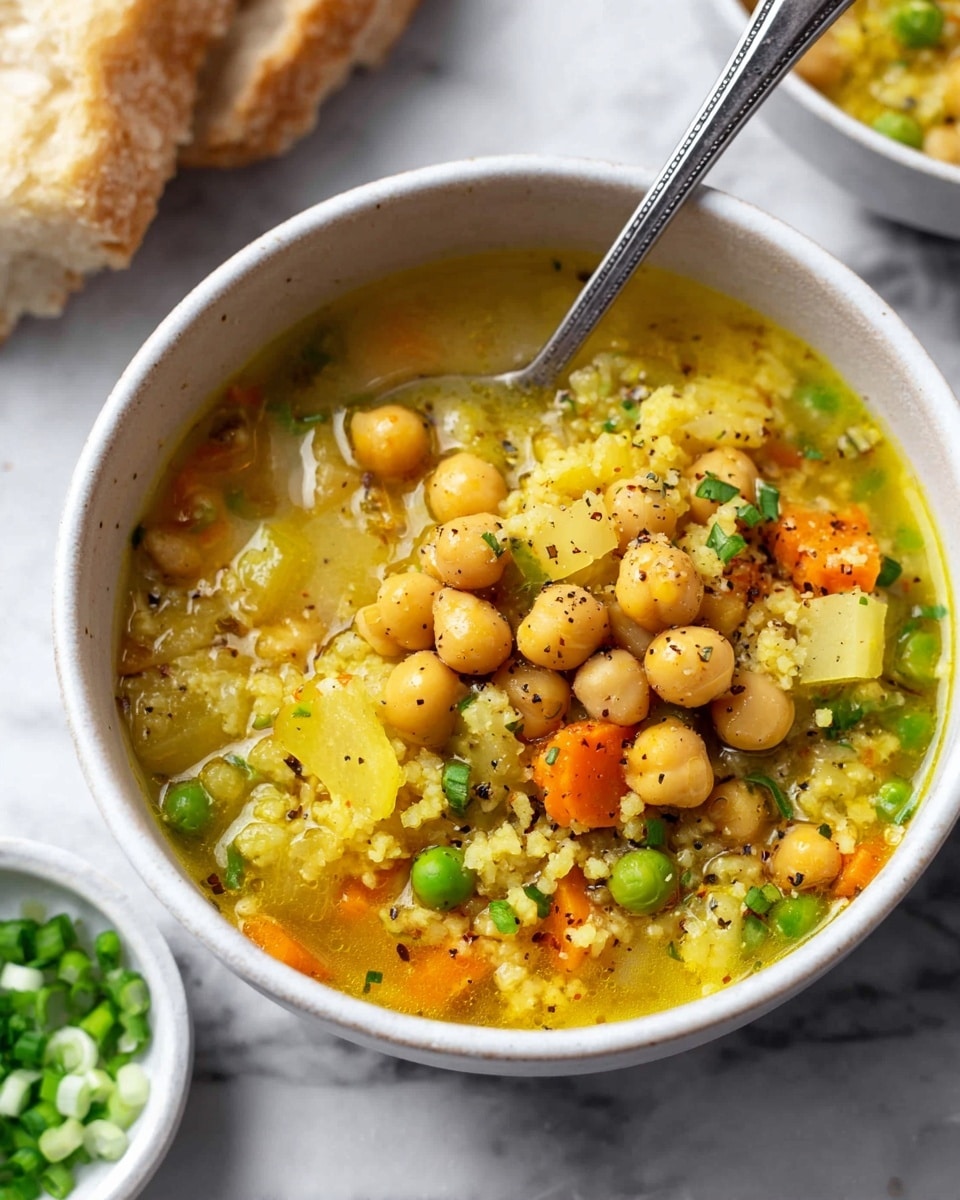 A white bowl filled with a thick soup containing light brown chickpeas, bright orange carrot slices, green peas, diced pale green celery, and small pieces of yellow rice, all in a yellowish broth with flecks of black pepper and chopped green onions on top. A metal spoon is inside the bowl, and in the background, there is a blurry white marbled surface with a piece of bread and a small bowl of chopped green onions. Photo taken with an iphone --ar 4:5 --v 7