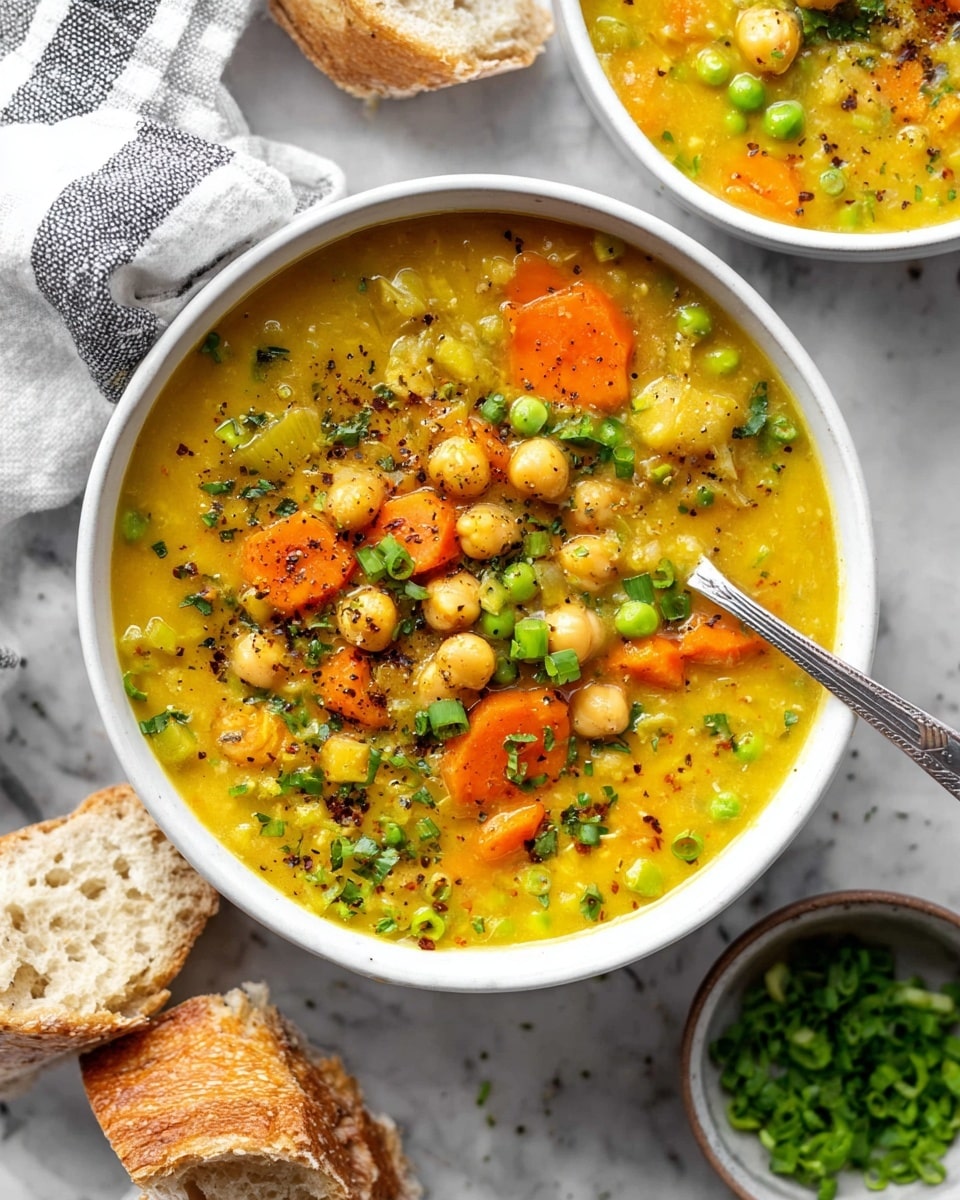 The image shows a bowl of thick, yellow broth soup full of chickpeas, sliced orange carrots, green peas, and chopped green onions scattered on top. The soup has a slightly grainy texture with visible black pepper sprinkled over it. A silver spoon stands inside the bowl, which is white speckled ceramic, placed on a white marbled surface. Near the bowl, pieces of torn crusty bread with a light brown crackled crust rest, along with a small white bowl of chopped green onions and a gray and white striped cloth napkin nearby. Photo taken with an iphone --ar 4:5 --v 7
