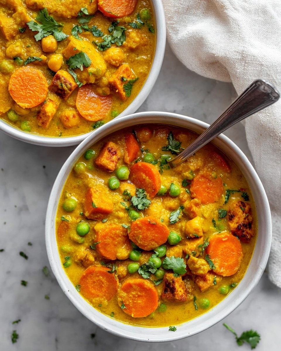 The image shows two white bowls filled with a thick orange stew full of sliced carrots, green peas, chickpeas, and pieces of orange tofu. The stew has a creamy texture with visible chunks and is garnished with small leaves of fresh green herbs on top. One bowl has a silver spoon inside it, and both bowls are placed on a white marbled surface with a light-colored cloth nearby. The colors are warm and inviting, with the orange and green contrasting nicely against the white bowls and marble. Photo taken with an iphone --ar 4:5 --v 7