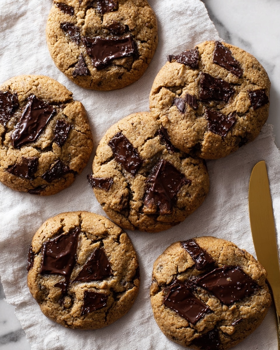 Several chocolate chip cookies are placed on a soft white cloth with a slight texture. Each cookie is round, golden brown, and has large, melted dark chocolate chunks spread unevenly on the surface, showing a cracked texture on the cookie dough. A gold knife with a smooth edge lies on the right side of the cloth. The background shows a white marbled texture. photo taken with an iphone --ar 4:5 --v 7