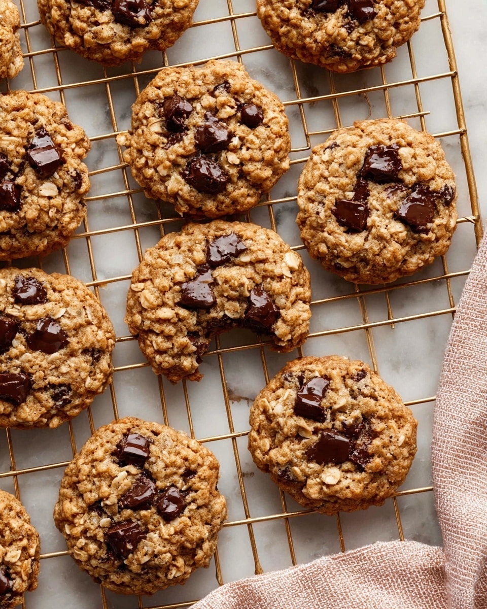 The image shows about ten oatmeal chocolate chip cookies on a gold cooling rack placed on a white marbled surface. Each cookie is round, medium brown in color, with a rough, bumpy texture from the oats, and dark brown chocolate chips scattered across the tops. One cookie has a bite taken from it, showing a soft inside texture. There are small white grain flakes sprinkled on the cookies, adding extra texture. A beige and reddish-brown cloth is partially visible on the lower right side of the image. photo taken with an iphone --ar 4:5 --v 7