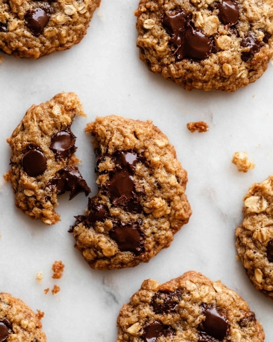 The image shows several round oatmeal chocolate chip cookies with a rough and crumbly texture. Each cookie has a golden brown base with darker brown chocolate chips spread unevenly on the surface. One cookie in the center is broken into several pieces, revealing the chewy inside with melted chocolate. The cookies rest on a white marbled background with some small crumbs scattered around. photo taken with an iphone --ar 4:5 --v 7