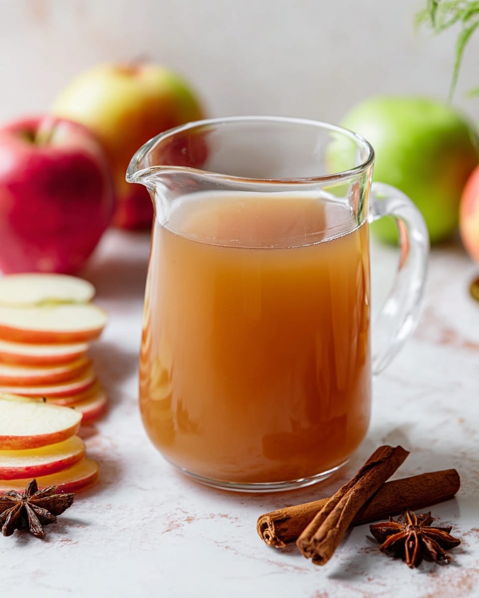 The image shows a clear glass mug filled with warm amber-colored apple cider. The mug sits on a white marbled surface, surrounded by two whole apples in red and green colors in the background, thin apple slices stacked in the foreground on the left, and two cinnamon sticks lying beside the mug on the right. There is also a star anise near the bottom right edge of the frame. The colors are soft and natural, highlighting the drink and fresh ingredients around it. Photo taken with an iphone --ar 4:5 --v 7
