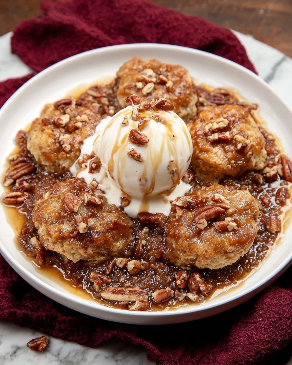 A white plate holds a warm dessert with three golden-brown dough pieces partially covered by a thick, sticky, dark brown sauce with small nuts mixed in. On top, there is a large scoop of creamy white ice cream drizzled with caramel sauce and sprinkled with chopped nuts. The plate sits on a burgundy cloth over a white marbled surface. photo taken with an iphone --ar 4:5 --v 7
