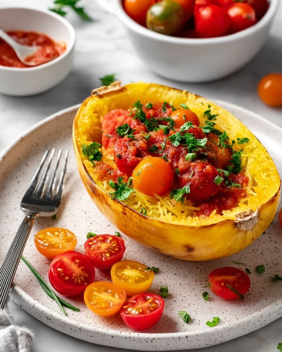 The dish shows a halved spaghetti squash with bright yellow strands forming the base layer inside the white speckled plate. On top of the squash strands, there are mixed small tomatoes in red, orange, and yellow colors, some sliced and some whole, adding vibrant splashes. A red sauce is drizzled over the tomatoes and squash, and the dish is sprinkled with chopped green herbs and some small green leaves. A sprig of parsley stands upright at the edge of the squash. The plate is on a white marbled surface, with a bowl of tomato sauce with a silver spoon in the background, and some additional tomatoes scattered around. A woman's hand holds a knife with a wooden handle resting beside the plate. Photo taken with an iphone --ar 4:5 --v 7