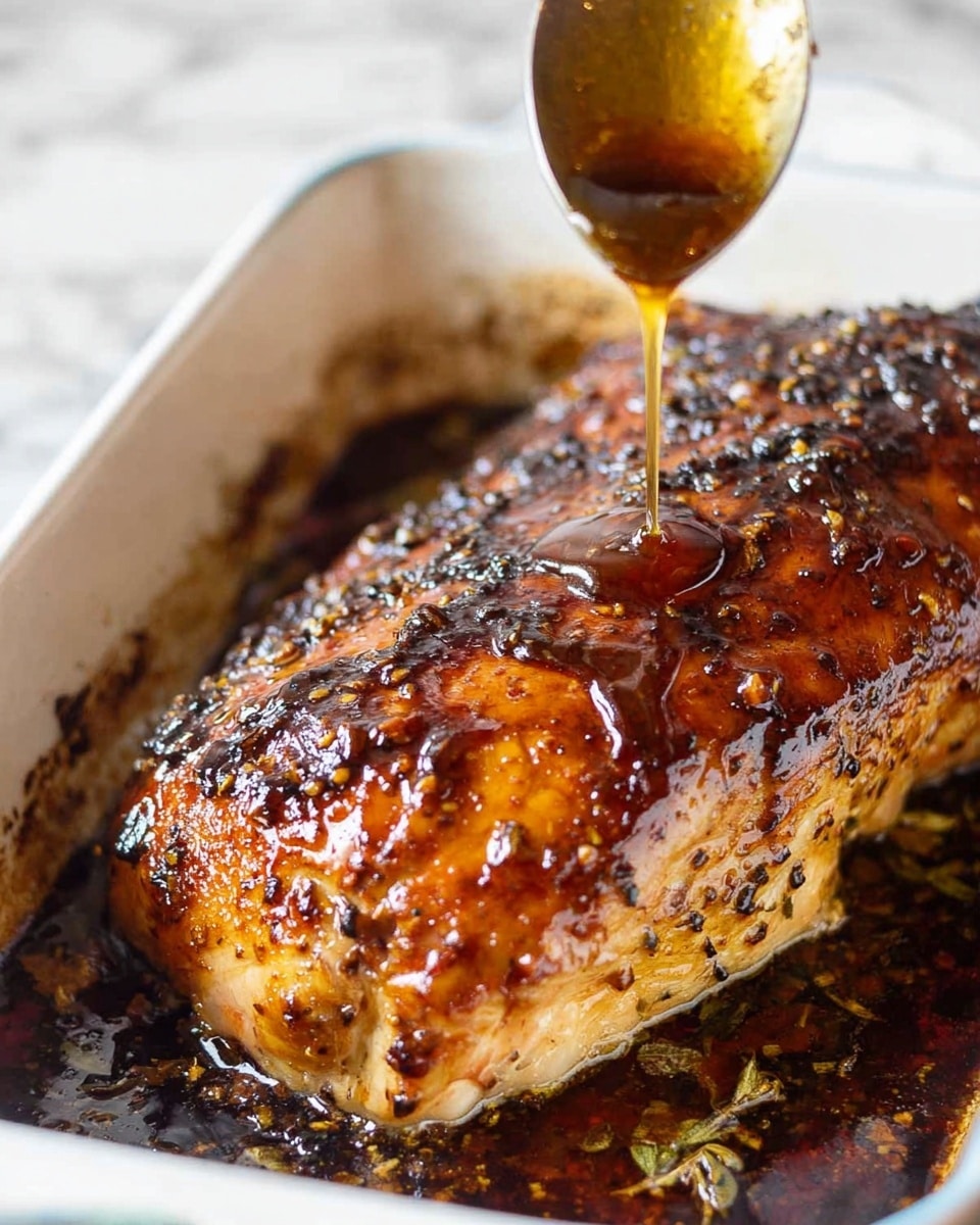 A close-up of a large, golden-brown roasted chicken on a white baking dish with dark browned spots and a shiny, glazed surface. The chicken skin is crispy with black pepper and small herbs visible. A spoon is held above the chicken, dripping a thick, glistening sauce over it. The bottom of the dish shows caramelized juices and small roasted garlic pieces. The background is a white marbled texture. photo taken with an iphone --ar 4:5 --v 7