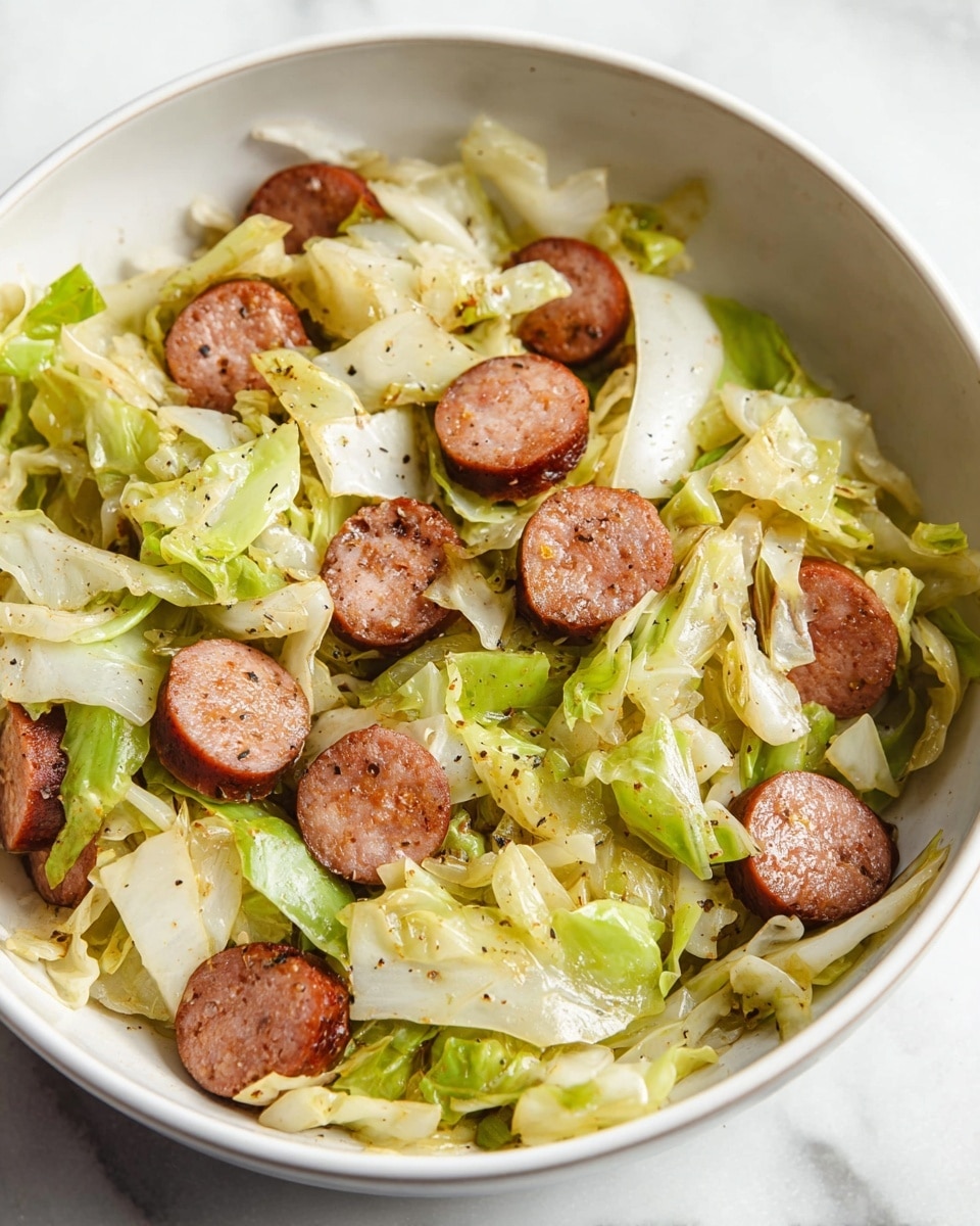 A white bowl filled with cooked cabbage and round slices of browned sausage. The cabbage pieces are light green and white with a soft, slightly wilted texture, mixed evenly with thick, reddish-brown sausage slices that have a grilled look with some black pepper sprinkled on top. The bowl rests on a white marbled surface. Photo taken with an iphone --ar 4:5 --v 7