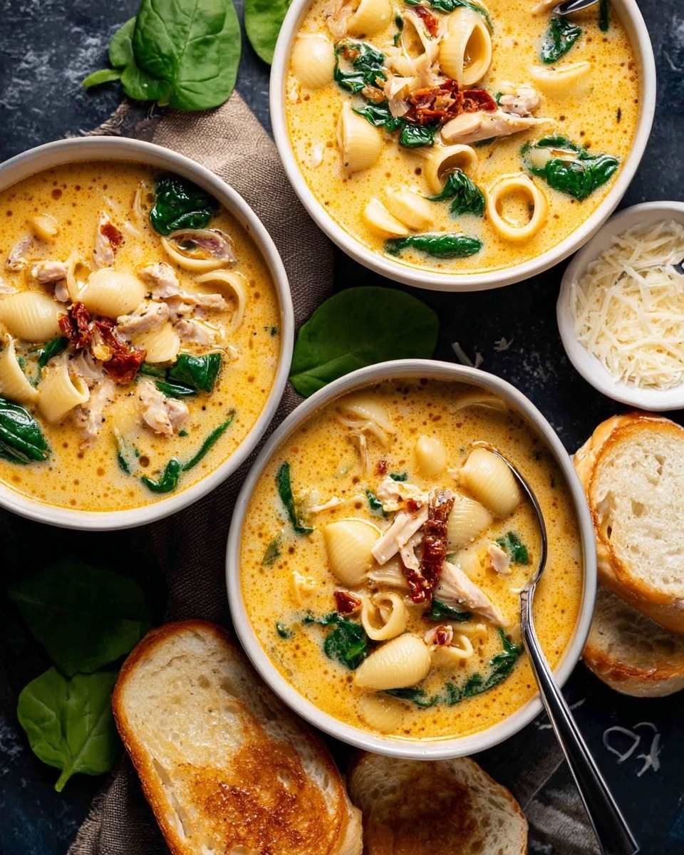 The image shows three white bowls filled with creamy soup placed on a dark surface with fresh green spinach leaves scattered around. Each bowl contains three main layers: a light orange creamy broth with oil droplets, pieces of light-colored pasta, chunks of light meat, green spinach leaves, and small red dried tomato pieces floating on top. One bowl has a silver spoon resting inside. Next to the bowls, there are thick slices of toasted bread with a golden-brown crust arranged on a wooden board. A small white bowl with grated cheese and a spoon is also visible at the bottom left corner. The photo is taken on a white marbled surface. Photo taken with an iphone --ar 4:5 --v 7