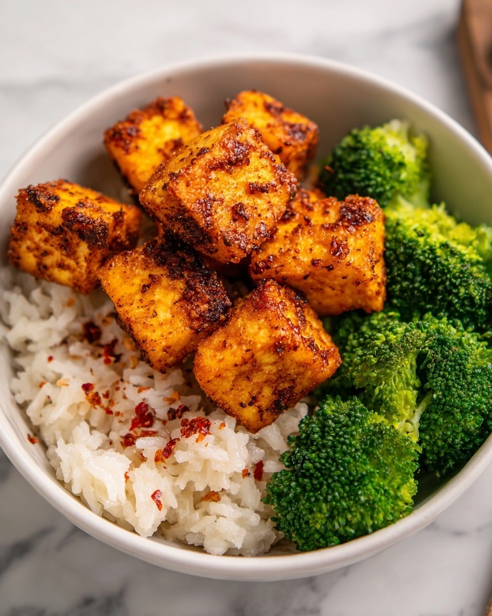 A bowl filled with three layers: the bottom layer is white cooked rice with some small red chili flakes scattered on top, the middle layer consists of bright green steamed broccoli florets placed on one side, and the top layer shows several golden brown, crispy seasoned cubes of tofu stacked in the center, each cube having a textured, slightly rough surface from the spices. The bowl is white and set on a white marbled surface. Photo taken with an iphone --ar 4:5 --v 7