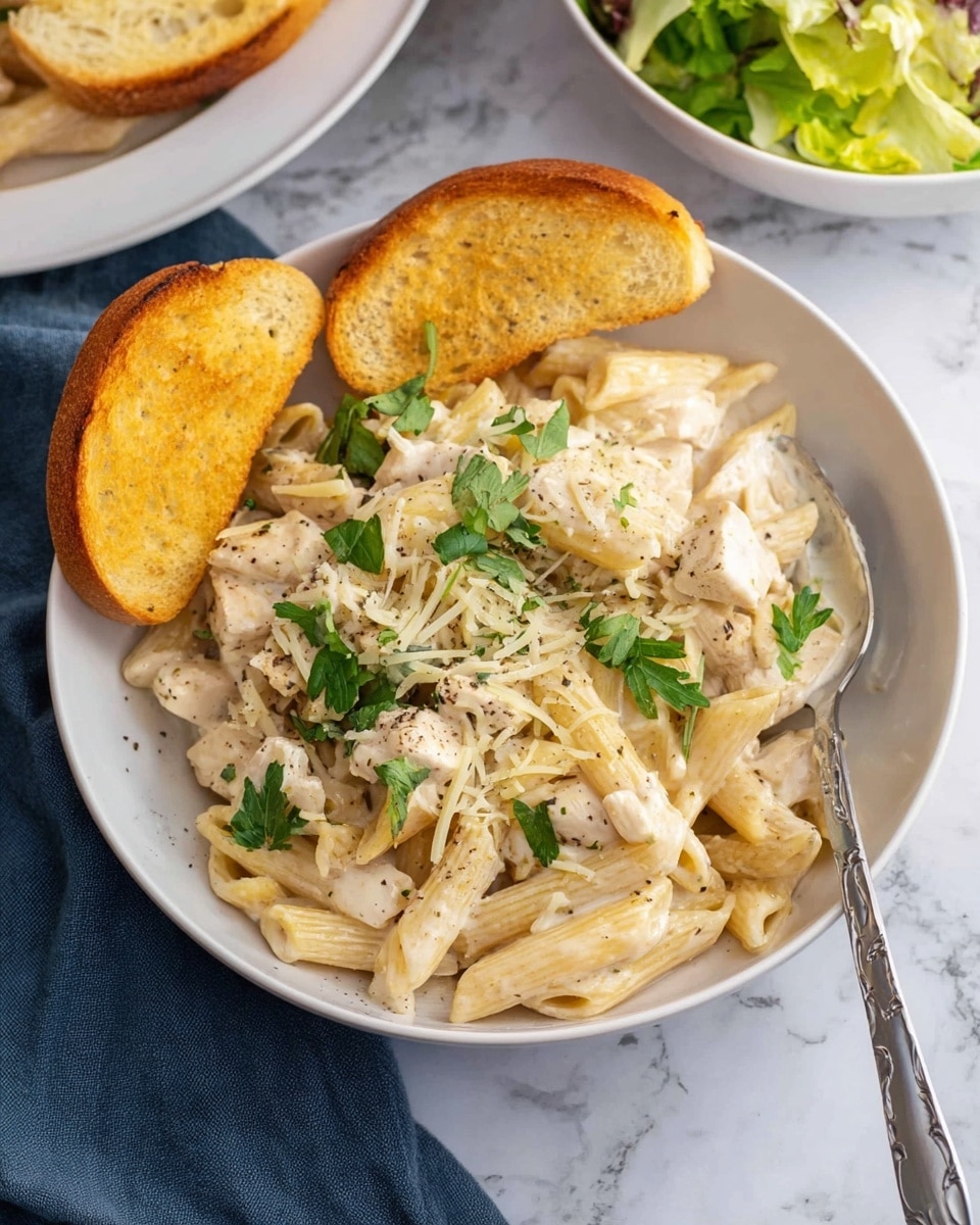 A white bowl filled with creamy pasta that has penne noodles mixed with a white sauce, small pieces of white meat, and topped with fresh green parsley and sprinkled black pepper. On the left side inside the bowl, there are two golden toasted bread slices leaning against the pasta. A silver fork is partially in the pasta on the right side. The bowl is placed on a white marbled surface with a dark blue cloth near the top left corner. Part of another white bowl with a salad is visible in the top right corner. Photo taken with an iphone --ar 4:5 --v 7