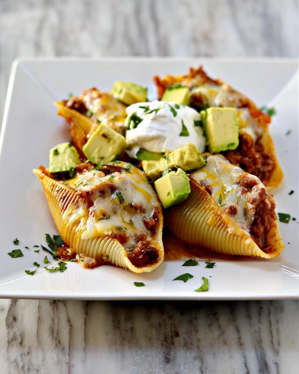 A square white plate holds three large pasta shells covered in a rich, brownish-red sauce with melted yellow cheese that looks slightly browned on top. The shells are filled and topped with a mix of ingredients, with some finely chopped green herbs sprinkled around on the plate and food. On top of the pasta shells, there are four chunky, green avocado pieces and a dollop of white sour cream in the center. The dish is set on a white marbled surface with a blurred white glass visible on the right side. Photo taken with an iphone --ar 4:5 --v 7