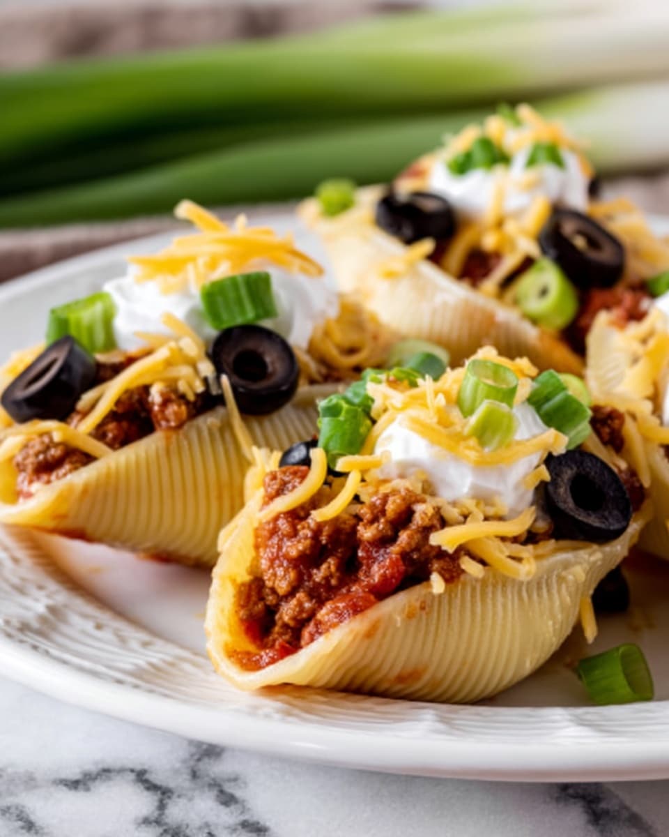 The image shows three large pasta shells on a white plate, filled with a mixture of cooked ground beef and tomato sauce at the base. On top of the beef mixture is a layer of shredded yellow cheese, partially melted. The shells are topped with sliced black olives, a dollop of white sour cream, and scattered pieces of chopped green onions. The plate sits on a white marbled surface, and in the background, blurred green onions are visible. Photo taken with an iphone --ar 4:5 --v 7