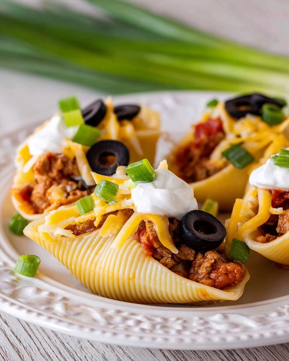 A white plate on a white marbled surface holds four pasta shells filled with a brown meat and cheese mixture. Each shell is covered with melted light yellow cheese and a drizzle of red tomato sauce. Small green chopped scallions are sprinkled on and around the shells, adding a fresh touch. The shells are arranged closely together with some sauce pooling underneath. The texture of the cheese looks smooth and slightly glossy, while the pasta shells have a firm, ridged surface. photo taken with an iphone --ar 4:5 --v 7