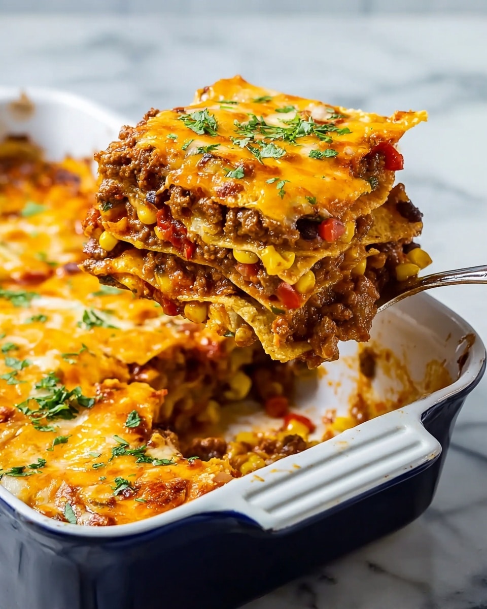 A white rectangular baking dish filled with about three layers of round tortilla pieces soaked in red sauce, layered evenly from bottom to top, each layer topped with melted white and yellow shredded cheese that is spread well but still shows the sauce beneath. The top layer is covered with a generous sprinkling of fresh chopped green herbs, scattered evenly across the entire surface, giving a fresh look. The edges of the dish show some sauce bubbling up slightly. The dish is placed on a white marbled surface. Photo taken with an iphone --ar 4:5 --v 7