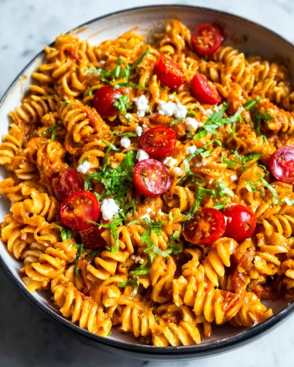 A white bowl filled with tightly packed rotini pasta covered in a thick bright orange sauce. On top, there are several green parsley leaves scattered for freshness and many slices of shiny, deep red cherry tomatoes resting in the middle. The pasta looks creamy and textured with a slight glossy shine. The whole bowl sits on a white marbled surface. photo taken with an iphone --ar 4:5 --v 7