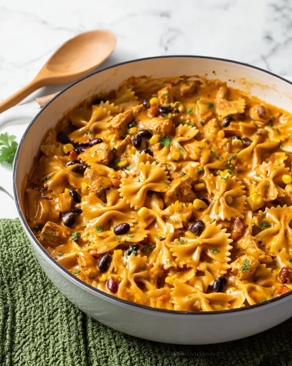 The image shows a white pan filled with a creamy dish made of bow-tie pasta, black beans, corn, and small pieces of chicken mixed in an orange creamy sauce. The pasta is well coated with the sauce, creating a smooth texture with visible layers of beans and corn spread evenly throughout. The pan is placed on a green textured cloth with a wooden spoon in the background, and the surface beneath has a white marbled texture. The lighting highlights the creamy and soft texture of the pasta mix. Photo taken with an iphone --ar 4:5 --v 7