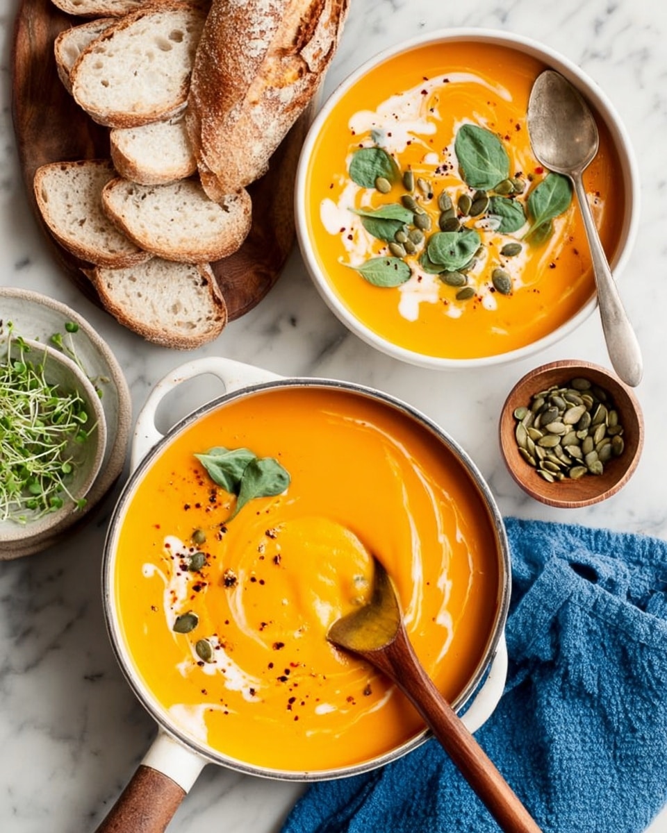 A white bowl holds bright orange soup with swirls of white cream and a light sprinkle of black pepper on top; a wooden spoon resting inside the bowl lightly stirs the smooth, thick soup. Nearby, a white shallow bowl contains the same soup, decorated with a swirl of cream, green cilantro leaves, and dark green pumpkin seeds on its surface. To one side, there is a white small dish full of pumpkin seeds and a small wooden plate with fresh green microgreens. Three thick slices of crusty bread with a golden-brown crust and airy texture lie next to a white and blue checkered cloth on a white marbled surface. Two spoons, one silver and one with a dark handle, rest above the bowls. The colors are warm and inviting, set against a clean and bright background. photo taken with an iphone --ar 4:5 --v 7