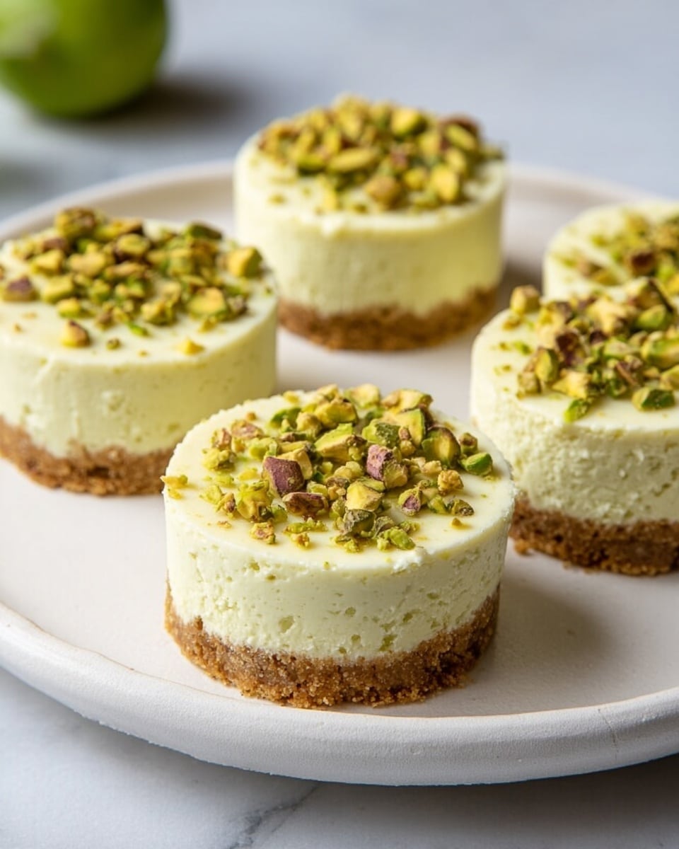 The image shows a small round dessert with two layers, placed on a clear textured glass plate. The bottom layer is light brown and crumbly, while the top layer is pale cream, smooth, and thicker than the bottom. The top of the dessert is sprinkled with chopped green pistachios. In the background, more similar desserts are arranged on a white plate, all placed on a white marbled surface. A silver fork rests on the plate next to the dessert. Photo taken with an iphone --ar 4:5 --v 7