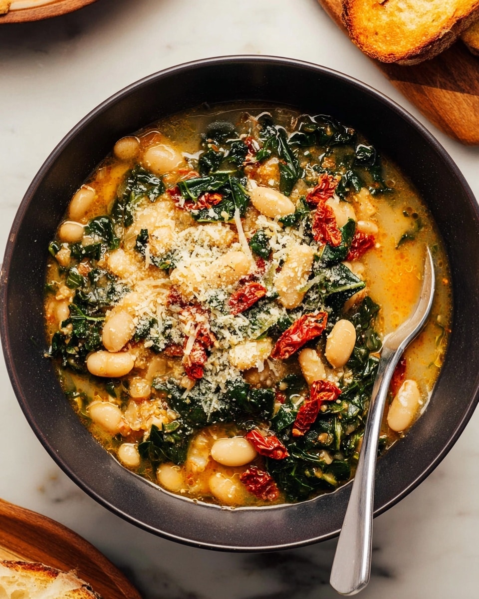 A close-up view of a warm dish filled with creamy white beans mixed with dark green kale leaves and small chunks of bright red tomatoes, all cooked together in a light orange broth that has a slight shine. The dish is crowded with soft textured beans, leafy kale pieces that look tender, and the tomatoes add pops of color throughout. An ornately patterned silver spoon is placed in the center, scooping up some of the mixture. The background is white marble, adding a clean and light contrast to the rich colors of the food. Photo taken with an iphone --ar 4:5 --v 7
