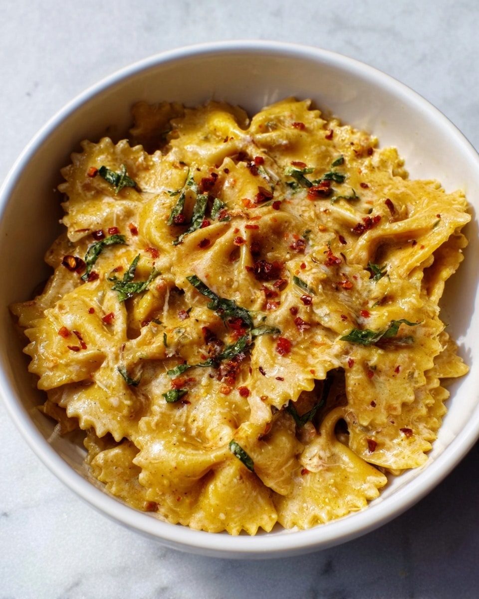 A white bowl filled with creamy pasta, showing about two layers of bow-tie shaped pasta mixed in a light orange sauce. The sauce has visible red bits, likely sun-dried tomatoes, and some green leaves, possibly spinach, scattered around. The pasta is sprinkled with cracked black pepper and red chili flakes, giving it a speckled look. The bowl sits on a white marbled surface with soft natural light creating a slight shadow. photo taken with an iphone --ar 4:5 --v 7