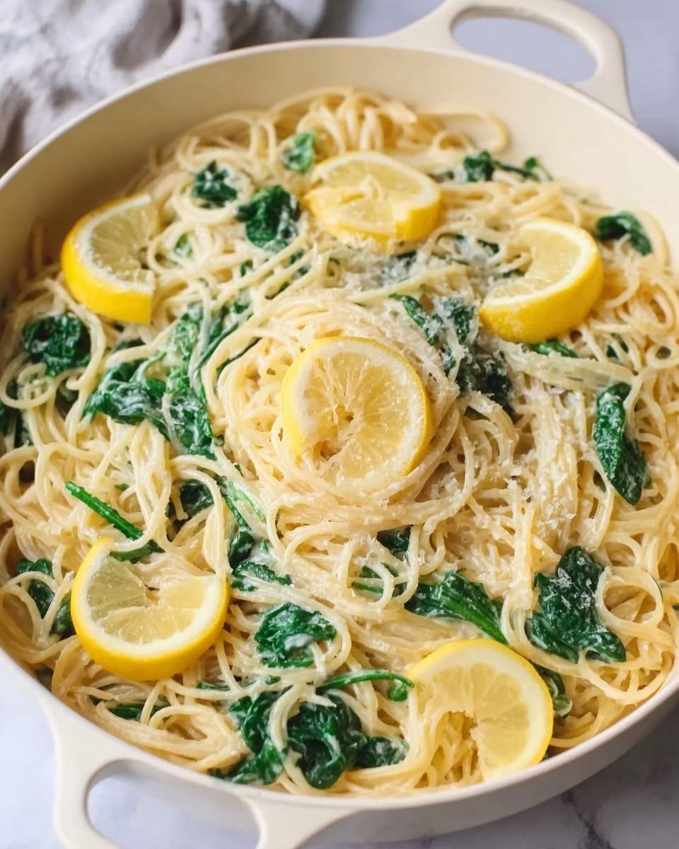 A white bowl filled with creamy pasta, layered with spaghetti mixed evenly with fresh green spinach leaves, and slices of bright yellow lemon placed on top around the sides. The sauce looks smooth and thick, coating the pasta well. Small bits of grated cheese are sprinkled over the dish, adding texture and light contrast. A woman's hand is holding a white fork twirling some spaghetti in the upper part of the image. The bowl is set on a white marbled surface. photo taken with an iphone --ar 4:5 --v 7