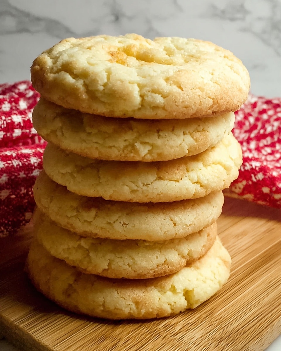 A stack of five round, golden yellow cookies with a slightly cracked and soft texture on top, arranged one on top of another on a wooden board. Each cookie shows a lightly browned edge and a puffy center, giving them a fluffy look. The wooden board rests partly on a red and white checkered cloth, all set against a white marbled surface background. photo taken with an iphone --ar 4:5 --v 7