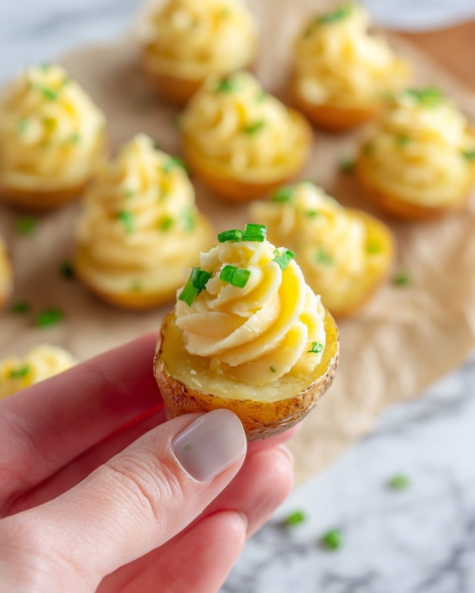 A close-up image shows a woman's hand holding a small halved potato with a light brown skin and a smooth, creamy pale yellow inside. On top of the potato, there is a swirl of light yellow creamy mixture, piped in a ruffled pattern with some green chive pieces sprinkled on it. More similar potatoes are blurred out in the background, arranged on a piece of parchment paper over a white marbled surface. The overall look is soft, fresh, and inviting. photo taken with an iphone --ar 4:5 --v 7