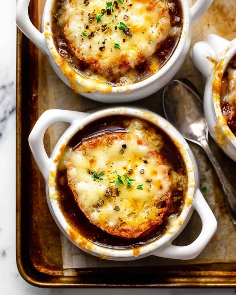 Easy French Onion Soup with Homemade Croutons and Melted Cheeses Recipe