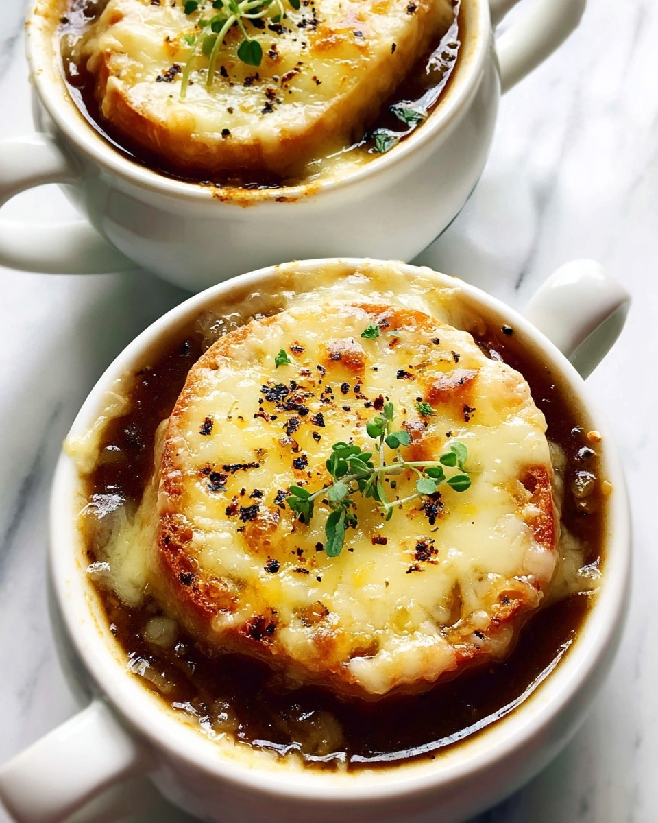 Two white cups filled with dark brown onion soup that has soft cooked onion pieces visible near the top. Each cup is topped with a round toasted bread slice covered by a thick, golden melted cheese layer with some browned spots. Small green herb sprigs and cracked black pepper are sprinkled on top of the cheese. The cups rest on a white marbled surface. photo taken with an iphone --ar 4:5 --v 7