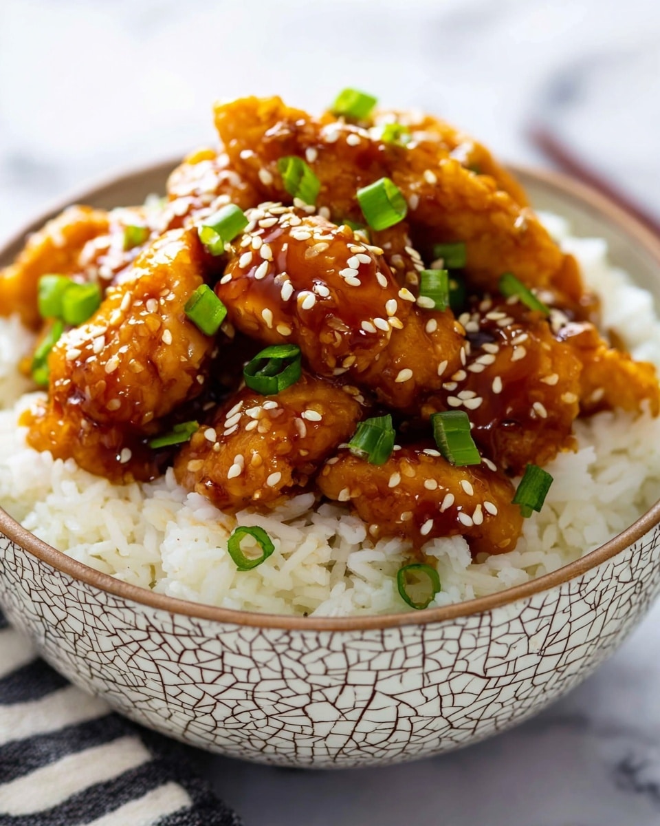 A white bowl with a cracked pattern is filled with a base layer of fluffy white rice. On top, there are several pieces of glossy brown sauced chicken with a smooth texture. The chicken pieces are garnished with small white sesame seeds and chopped green onions scattered over the top layer. In the background, a pair of brown chopsticks rests on a white marbled surface. The scene is close-up and bright, highlighting the colors and texture of the food photo taken with an iphone --ar 4:5 --v 7