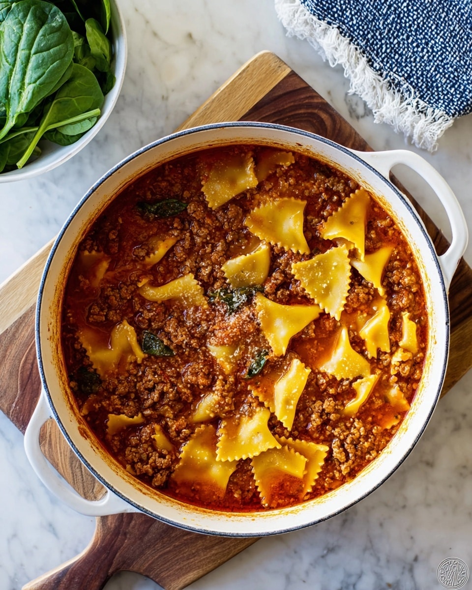 A round white pot filled with a thick mix of brown ground meat and wide, flat pale yellow pasta pieces with wavy edges, all covered in a rich red tomato sauce with small visible tomatoes and specks of herbs, sitting on a round wooden board with a handle, placed on a white marbled surface. In the upper left corner, there is a white dish holding green basil leaves, and a gray and white textured cloth is placed in the upper right corner. Photo taken with an iphone --ar 4:5 --v 7
