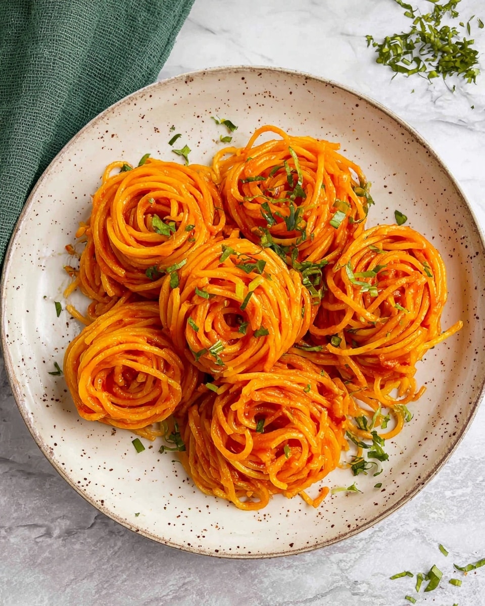 The image shows a white plate with seven small nests of spaghetti arranged closely together. The spaghetti is bright orange, coated with a smooth tomato sauce. Small green bits of chopped herbs are sprinkled over the pasta, adding contrast. The plate sits on a white marbled surface with scattered herb pieces around it, and a green cloth is partially visible in the upper left corner. The lighting highlights the glossy texture of the sauce on the noodles. photo taken with an iphone --ar 4:5 --v 7