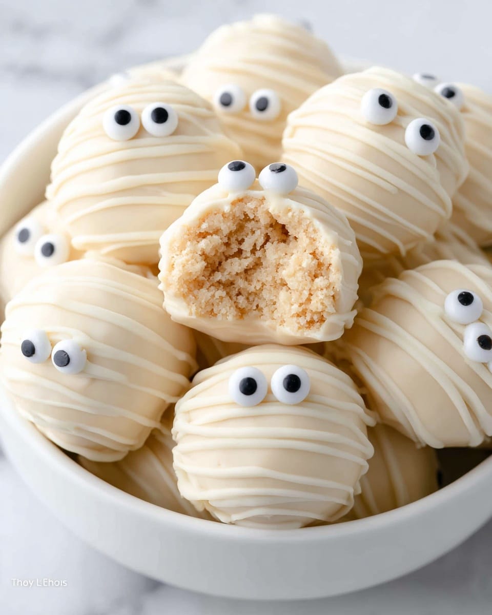 The image shows small round balls covered in smooth white coating with thin white lines drizzled all over them. Each ball has two white candy eyes with black dots placed on the top front part, making them look like little creatures. One ball is shown with a bite taken out, revealing a light golden, slightly crumbly inside. The balls are inside a white bowl against a white marbled background. Photo taken with an iphone --ar 4:5 --v 7