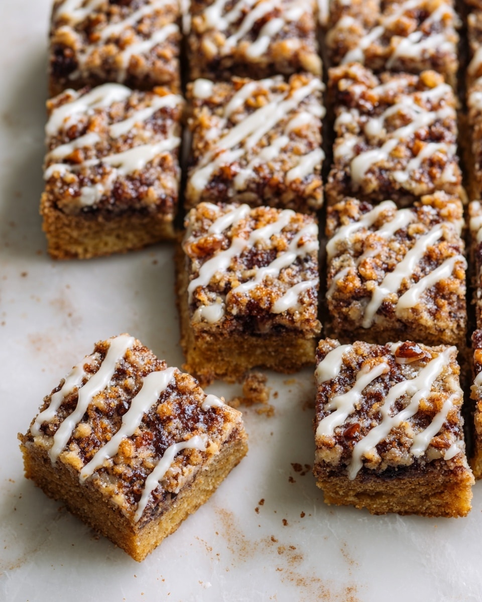The image shows a batch of nine square-shaped dessert bars arranged closely together on a white marbled surface, with two more squares separated slightly at the corner. Each dessert bar has a light brown base layer with a crumbly texture topped with a thick, uneven layer of dark brown nut and spice crumble. Drizzled over the top is a white icing glaze in thin, irregular lines that contrasts with the darker topping. The bars are cut evenly with clean edges, and a few crumbs are scattered around. Photo taken with an iphone --ar 4:5 --v 7